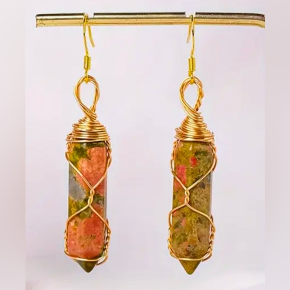 Unakite Stone Wire Wrapped Earrings